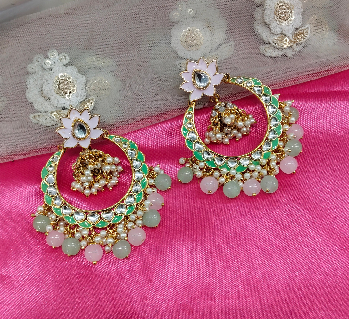 Mint Pink Kundan ChandBali Jhumka Explore Bollywood Earrings