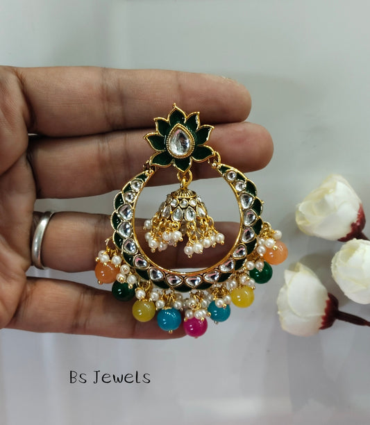 Multi Color Kundan ChandBali Jhumka Explore Bollywood Earrings