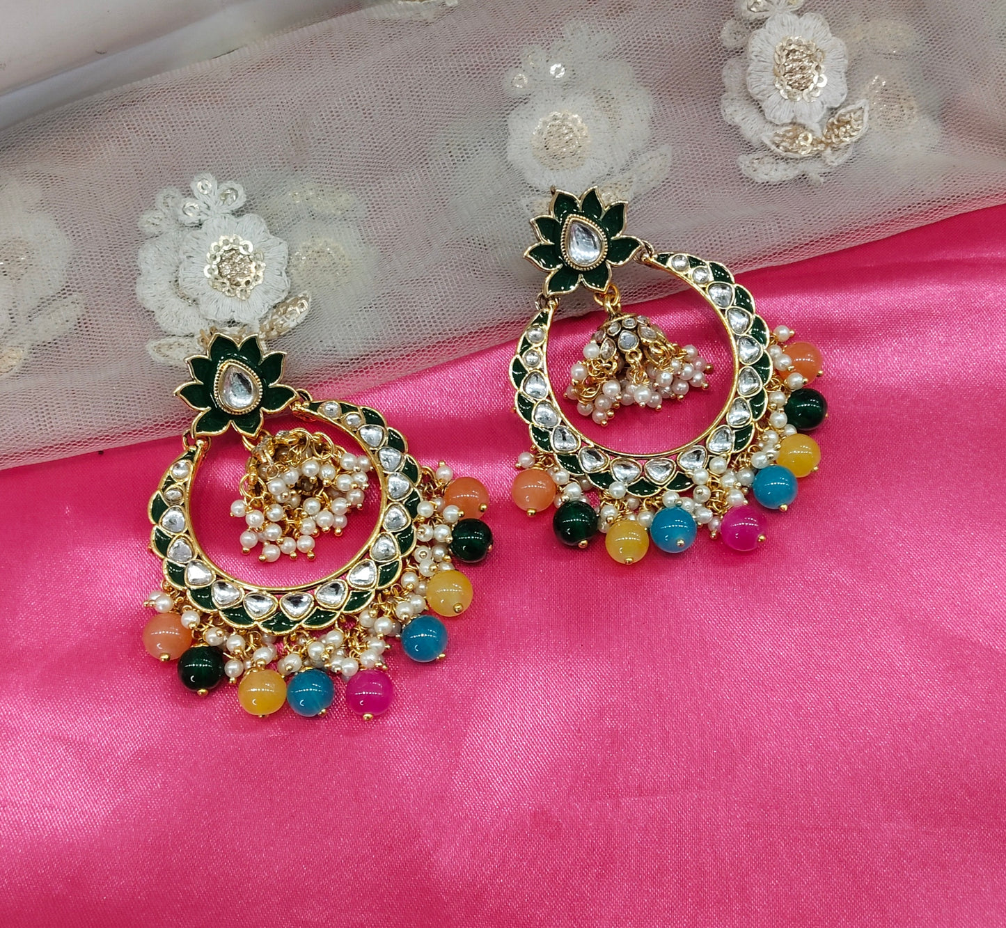 Multi Color Kundan ChandBali Jhumka Explore Bollywood Earrings