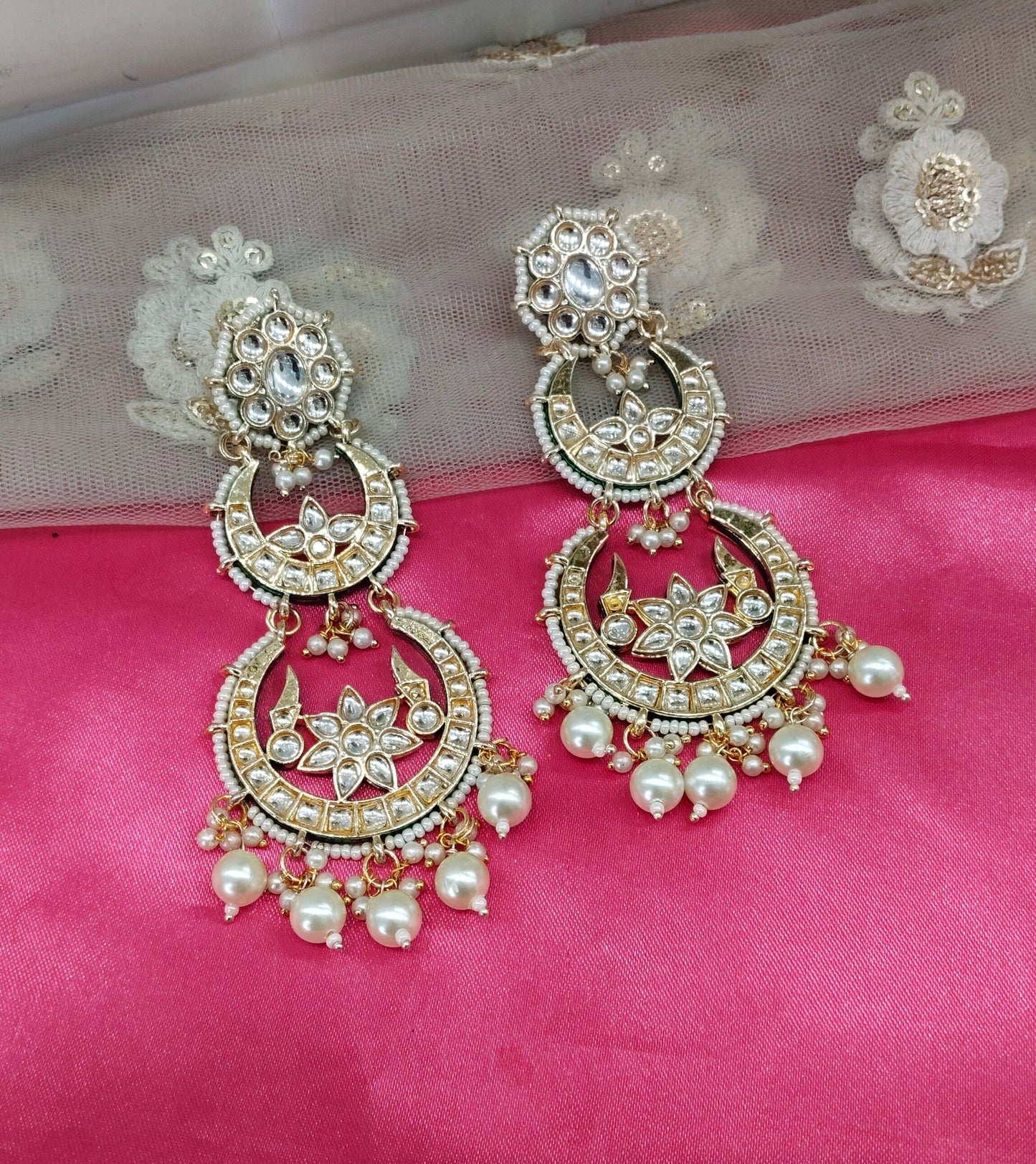 White Kundan ChandBali Meena Bollywood Earrings