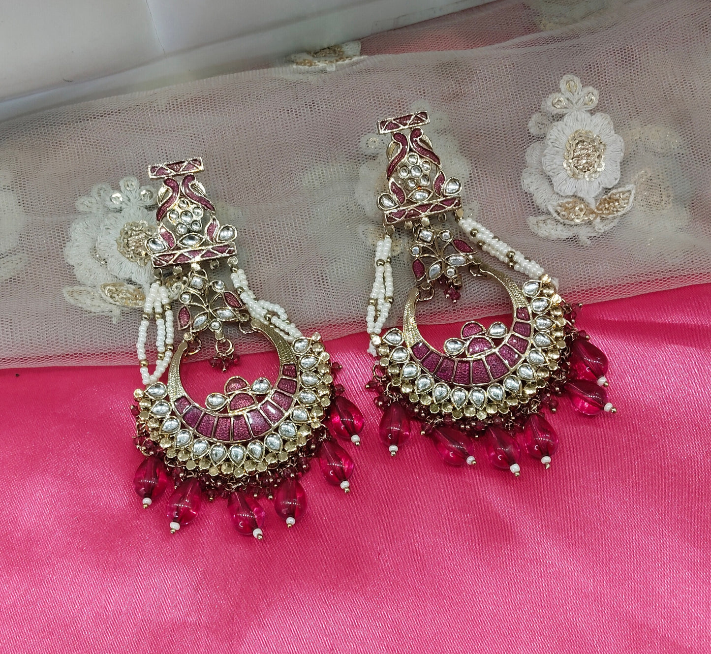Majenta Kundan ChandBali Kriti Bollywood Earrings