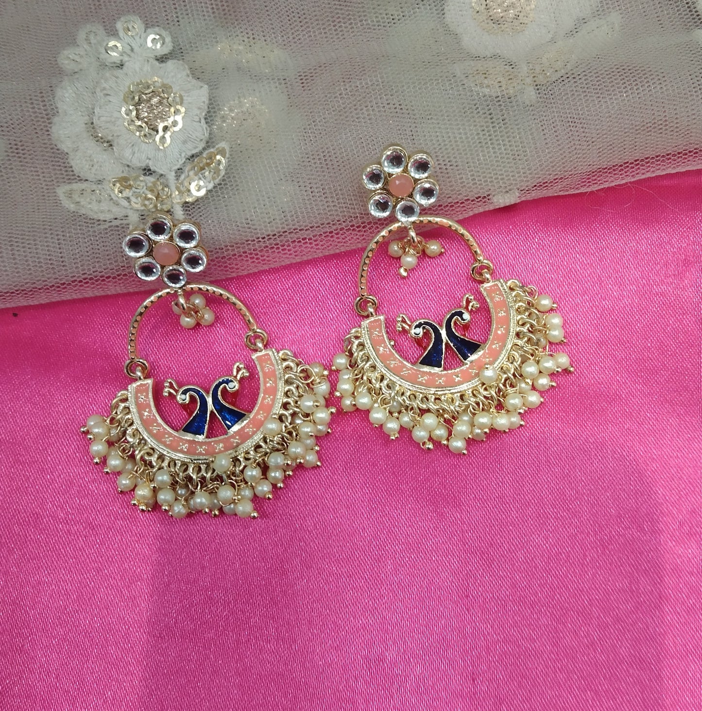 Peach Kundan Drive Bollywood Earrings