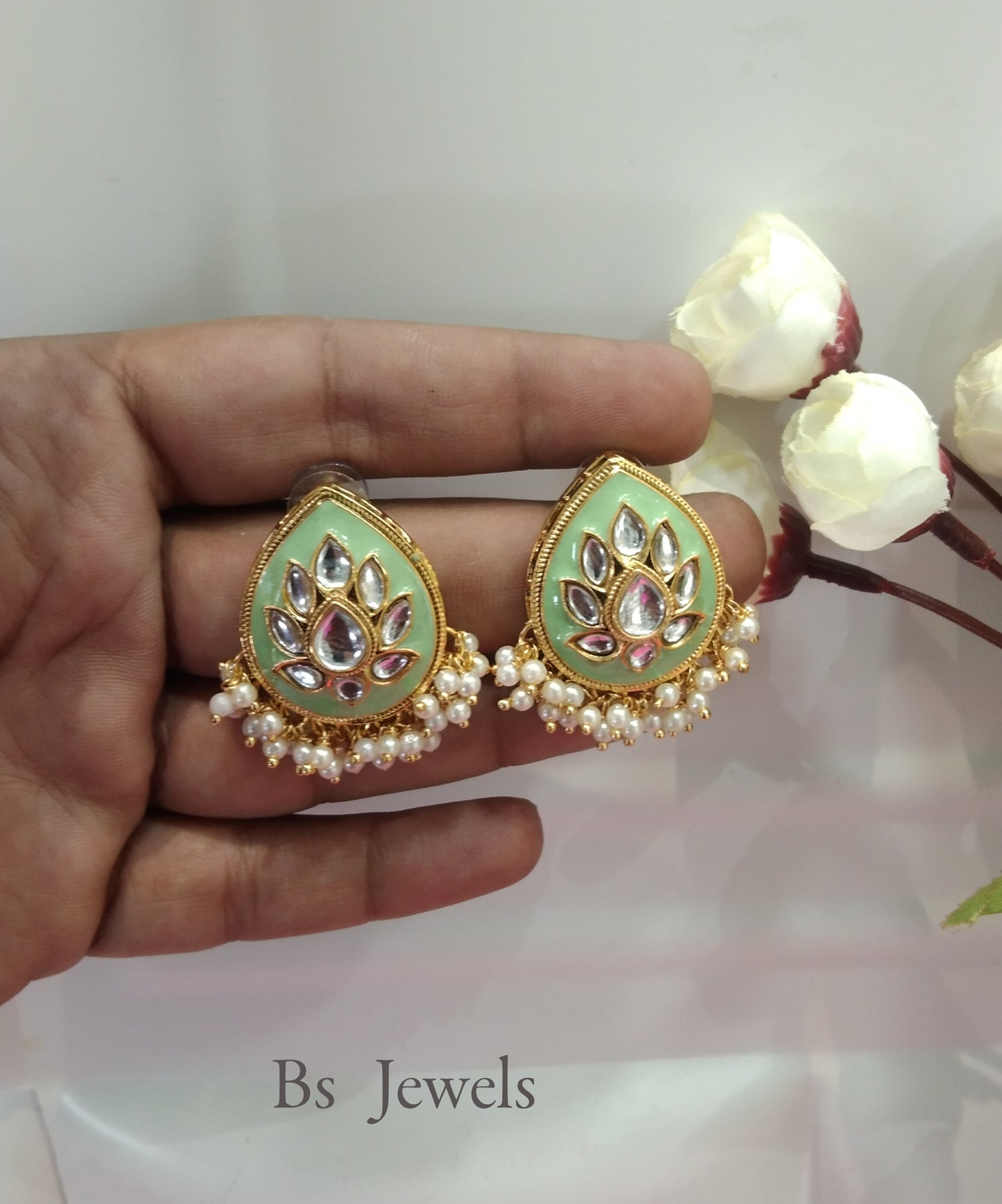 Pista Kundan core Bollywood Earrings