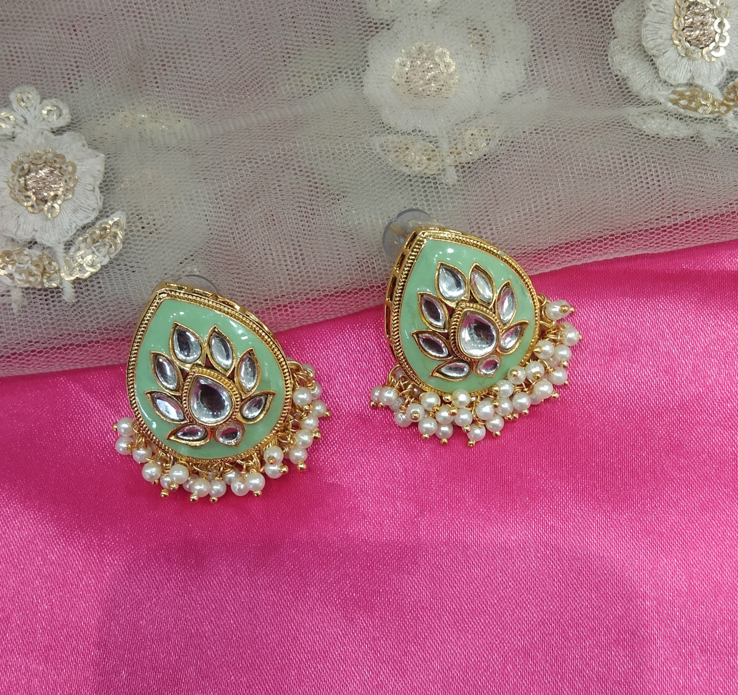 Pista Kundan core Bollywood Earrings