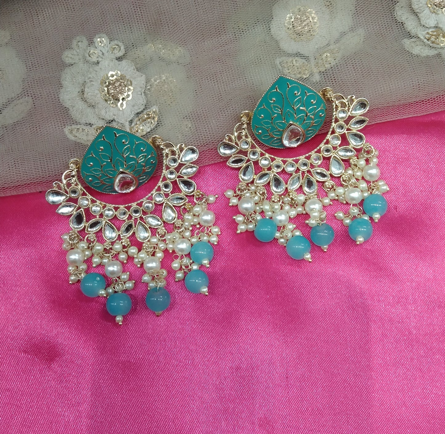 Sky Blue Kundan Log Bollywood Earrings
