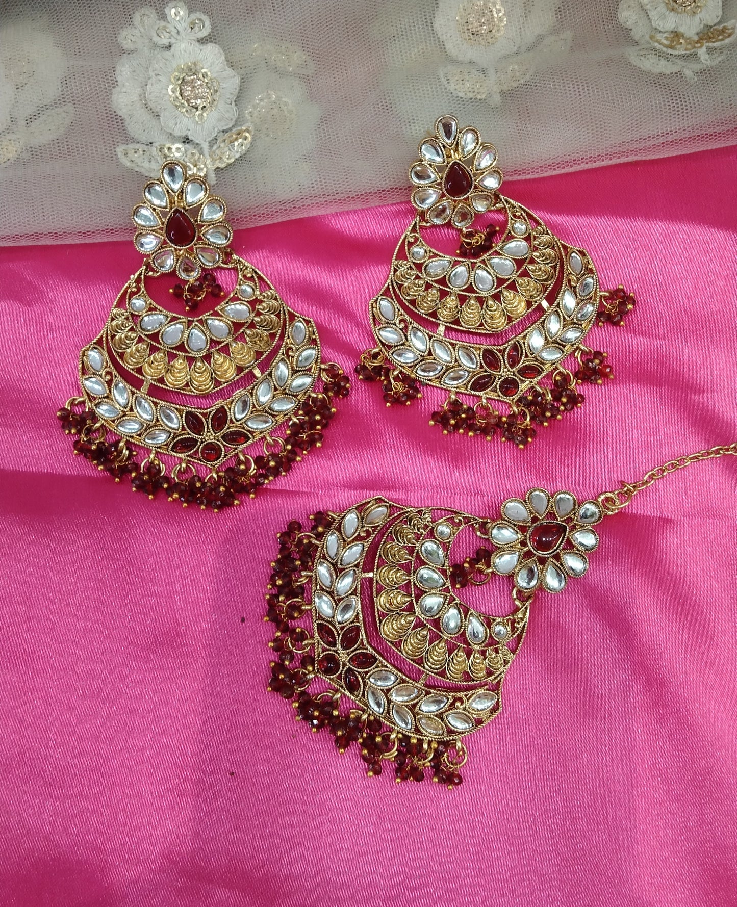 Maroon Kundan ChandBali Classes Bollywood Earrings