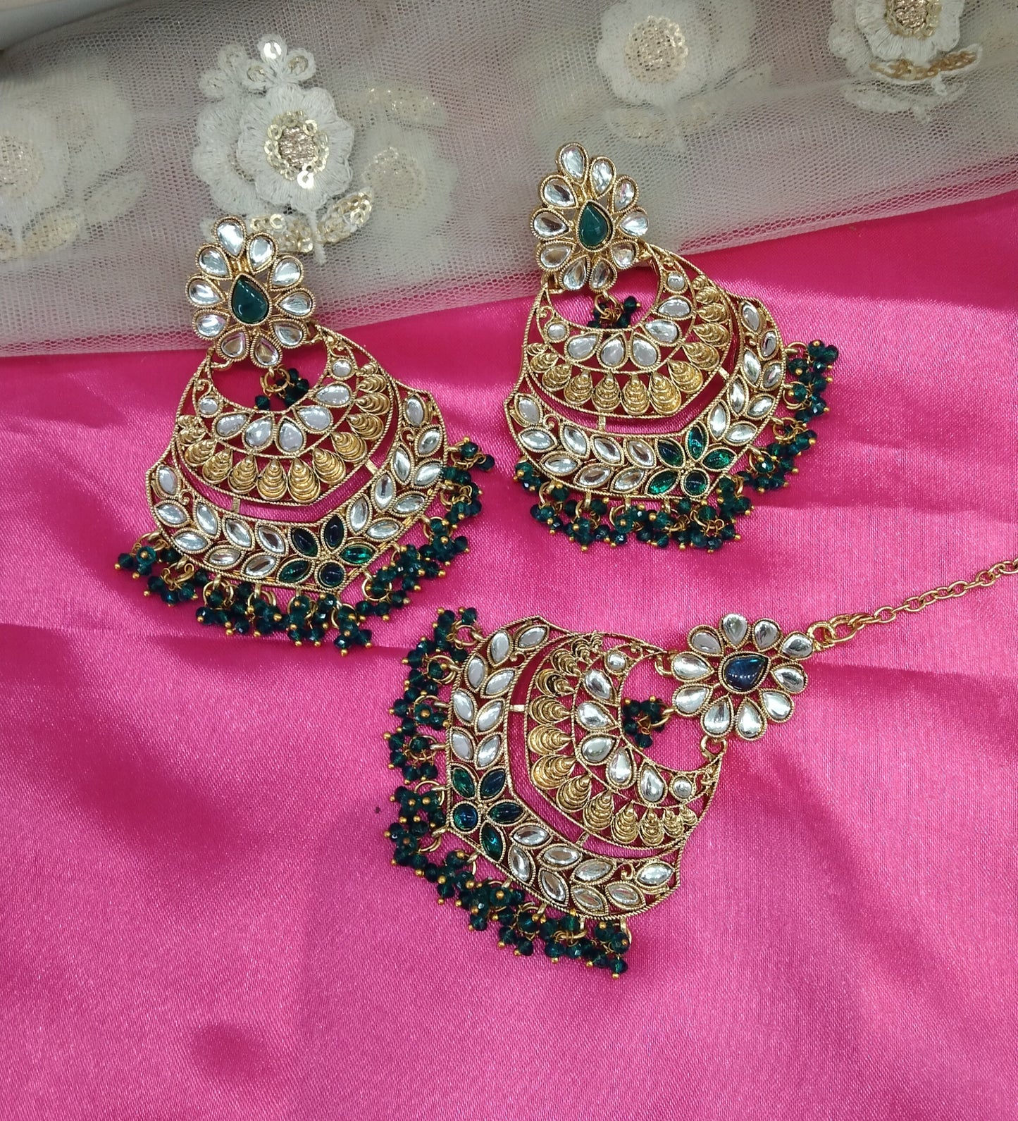 Green Kundan ChandBali Classes Bollywood Earrings