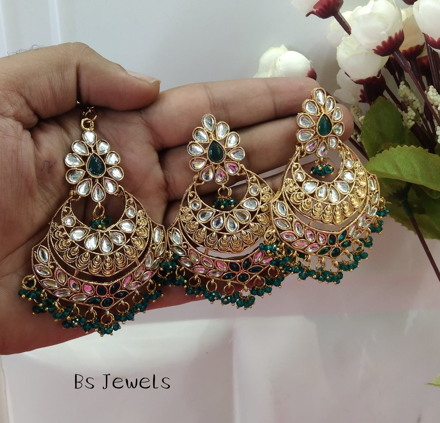 Green Kundan ChandBali Classes Bollywood Earrings