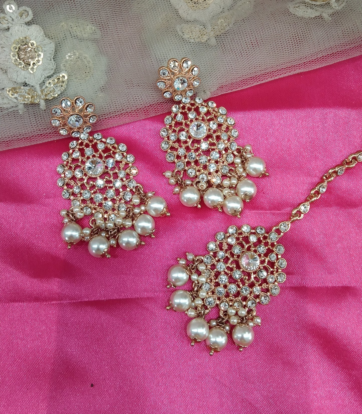 Rose Gold Jass Bollywood Earrings Tikka Set