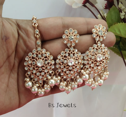 Rose Gold Jass Bollywood Earrings Tikka Set