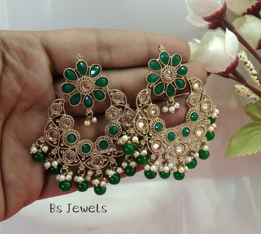 Green Champagne Gold Milk Bollywood Earrings