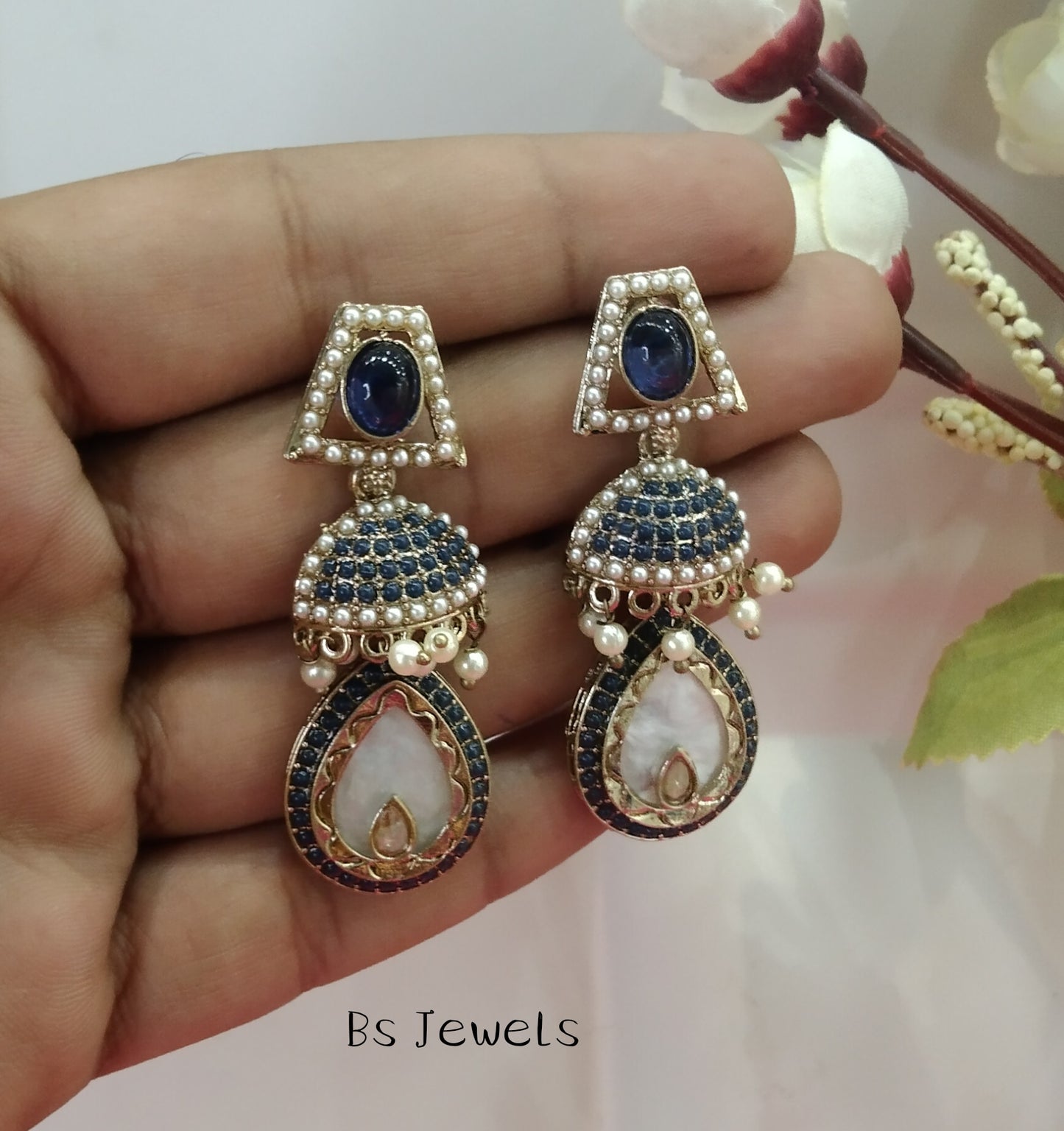 Blue Champagne Gold Mannat Bollywood Earrings