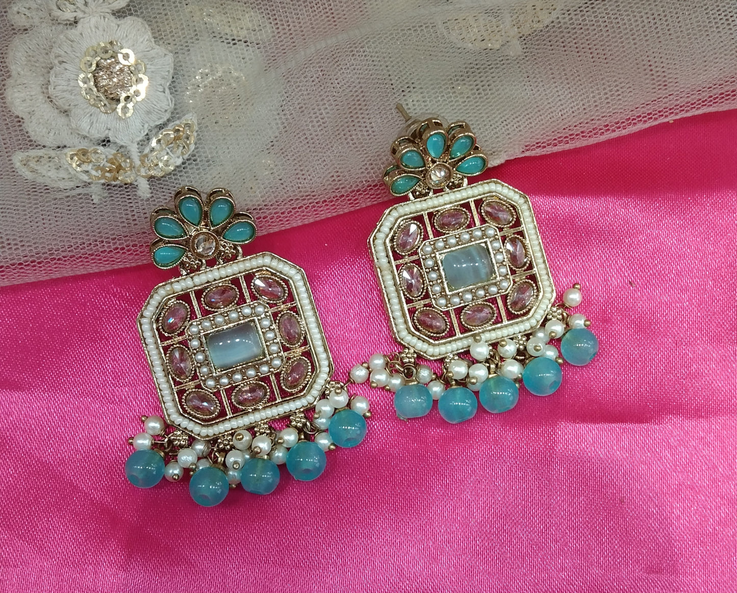 sky Blue champagne Gold Chirag Bollywood Earrings