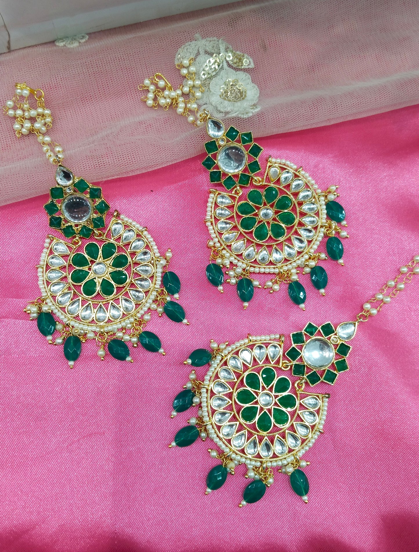 Green Rupinder Bollywood Earrings Tikka Set