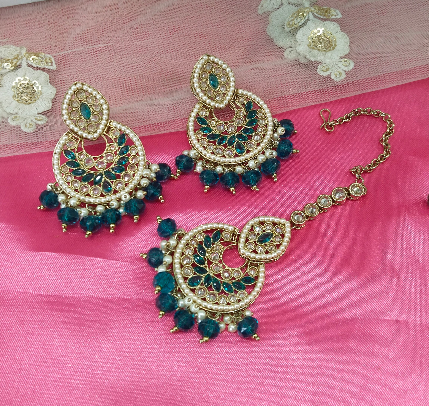 Rama green Improve Bollywood Earrings Tikka Set