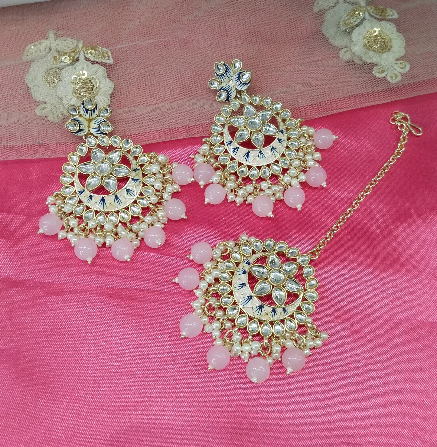 Pink person Bollywood Earrings Tikka Set
