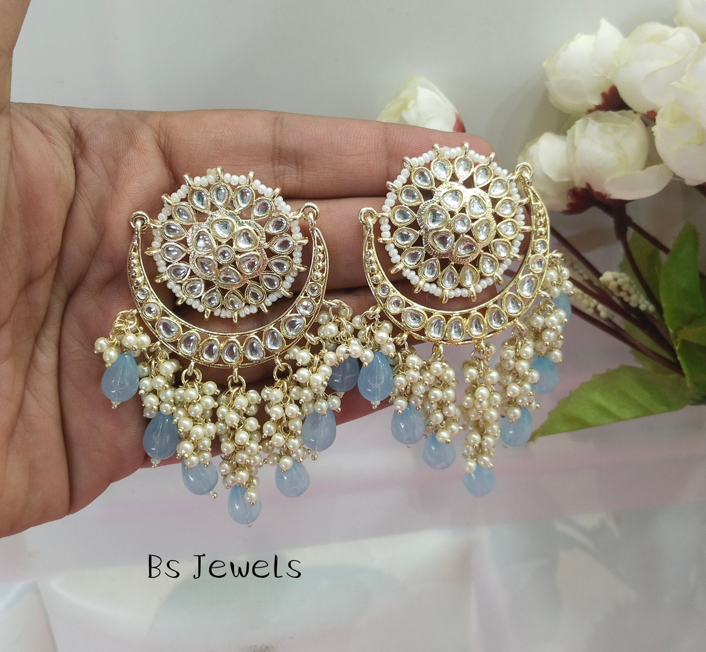 Sky Blue Kundan Admin Bollywood Earrings