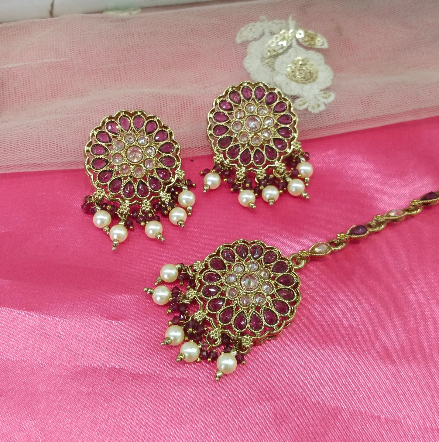 Purple Champagne Gold Preet Bollywood Earrings Tikka Set