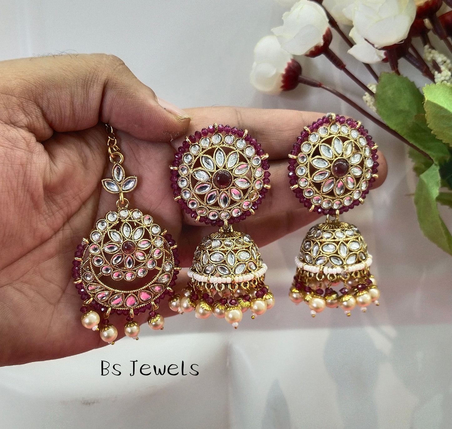Purple Kundan Best Bollywood Earrings Tikka Set