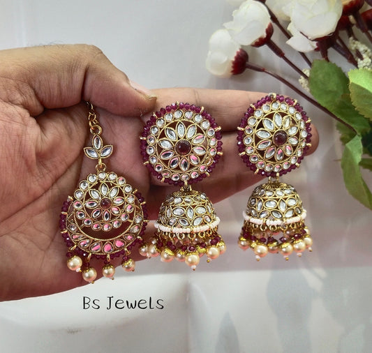 Purple Kundan Best Bollywood Earrings Tikka Set