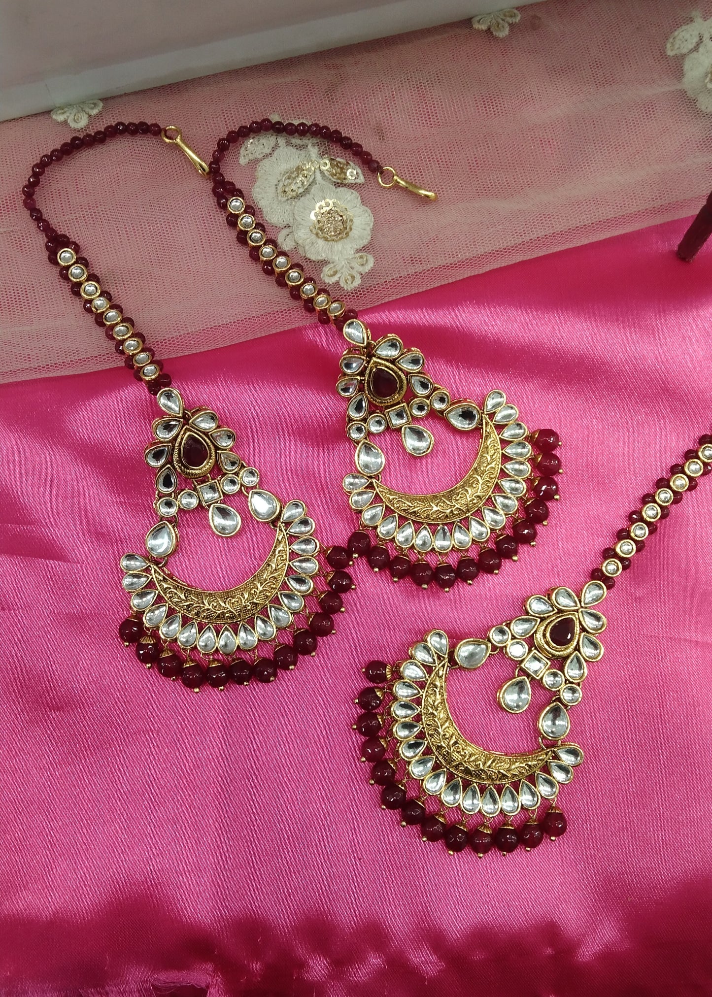 Maroon Kundan Chandbali Jedi Bollywood Earrings Tikka Set
