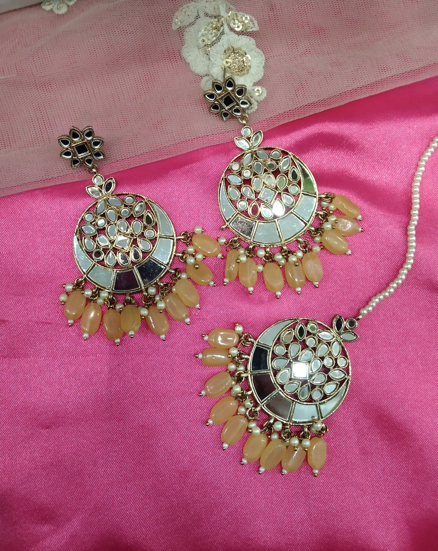 Light Orange Mirror Kundan Chandbali Right Bollywood Earrings Tikka Set