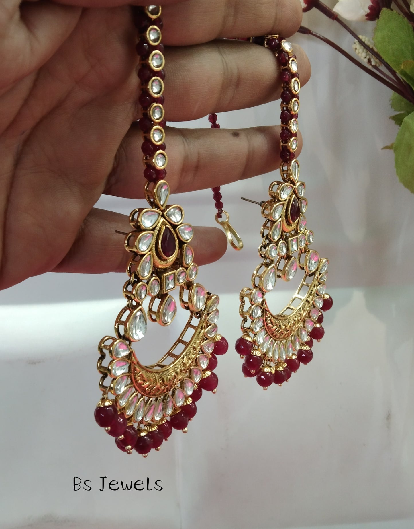 Maroon Kundan Chandbali Jedi Bollywood Earrings Tikka Set