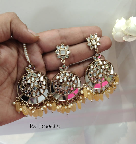 Light Orange Mirror Kundan Chandbali Right Bollywood Earrings Tikka Set