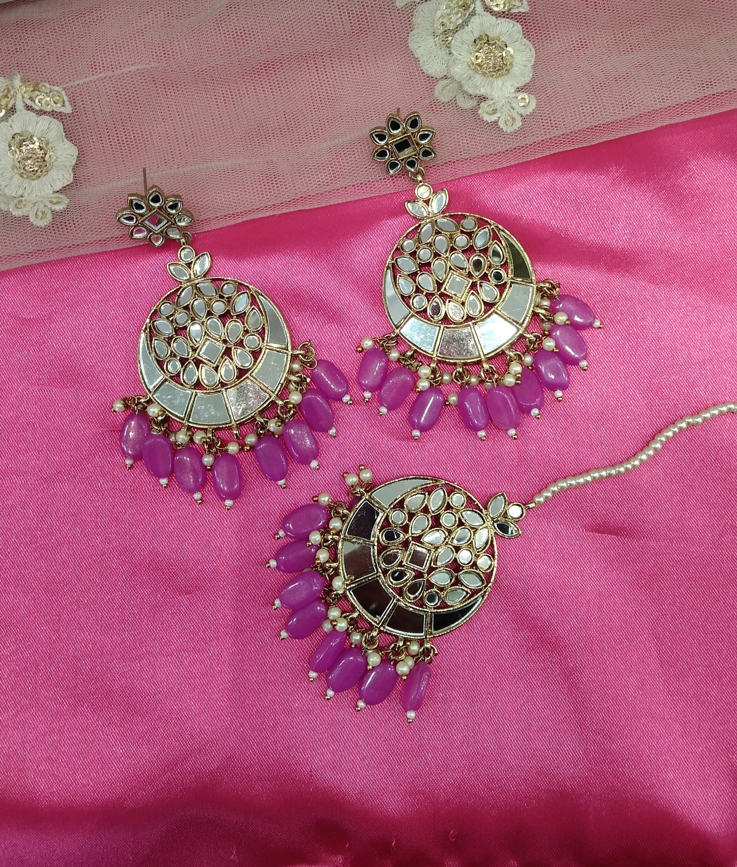 Purple Mirror Kundan Chandbali Right Bollywood Earrings Tikka Set
