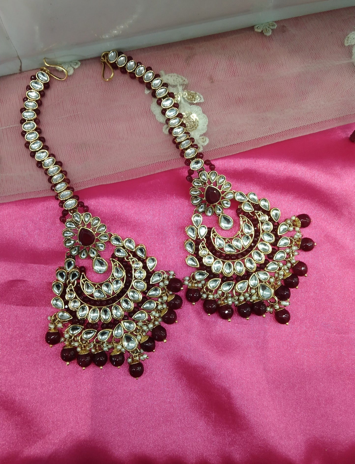Maroon Kundan Chandbali Jedi Bollywood Earrings Tikka Set