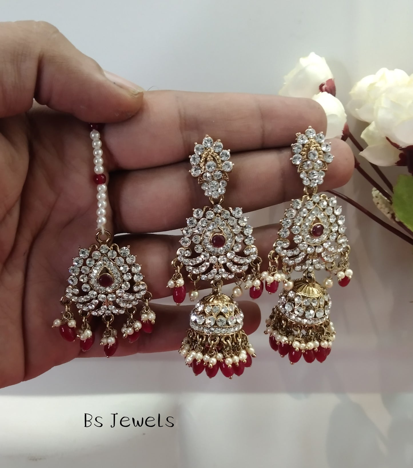 Maroon Crystal Ston Jhumka Ways Bollywood Earrings Tikka Set