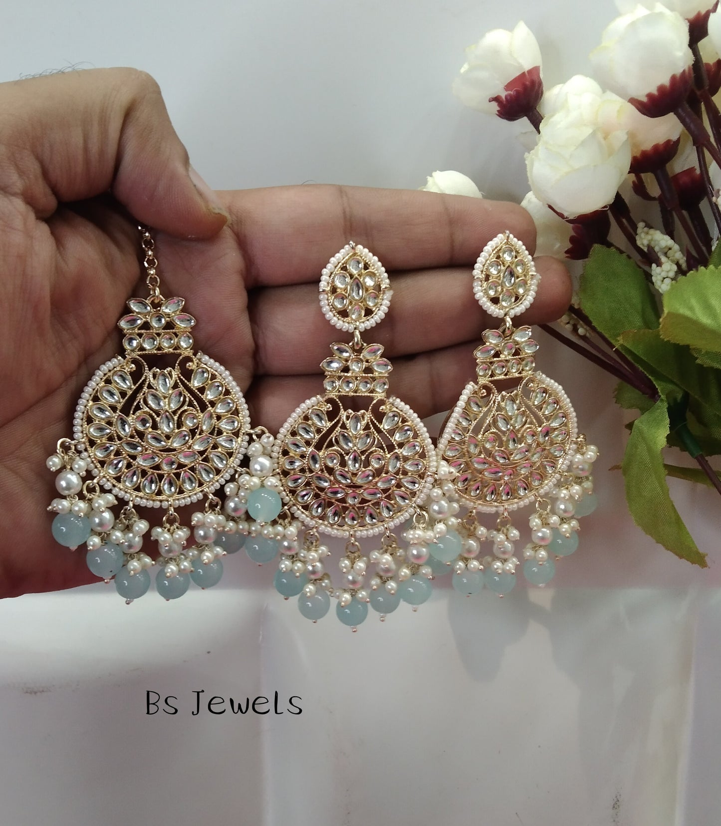 Sea Green Kundan Tape Bollywood Earrings Tikka Set