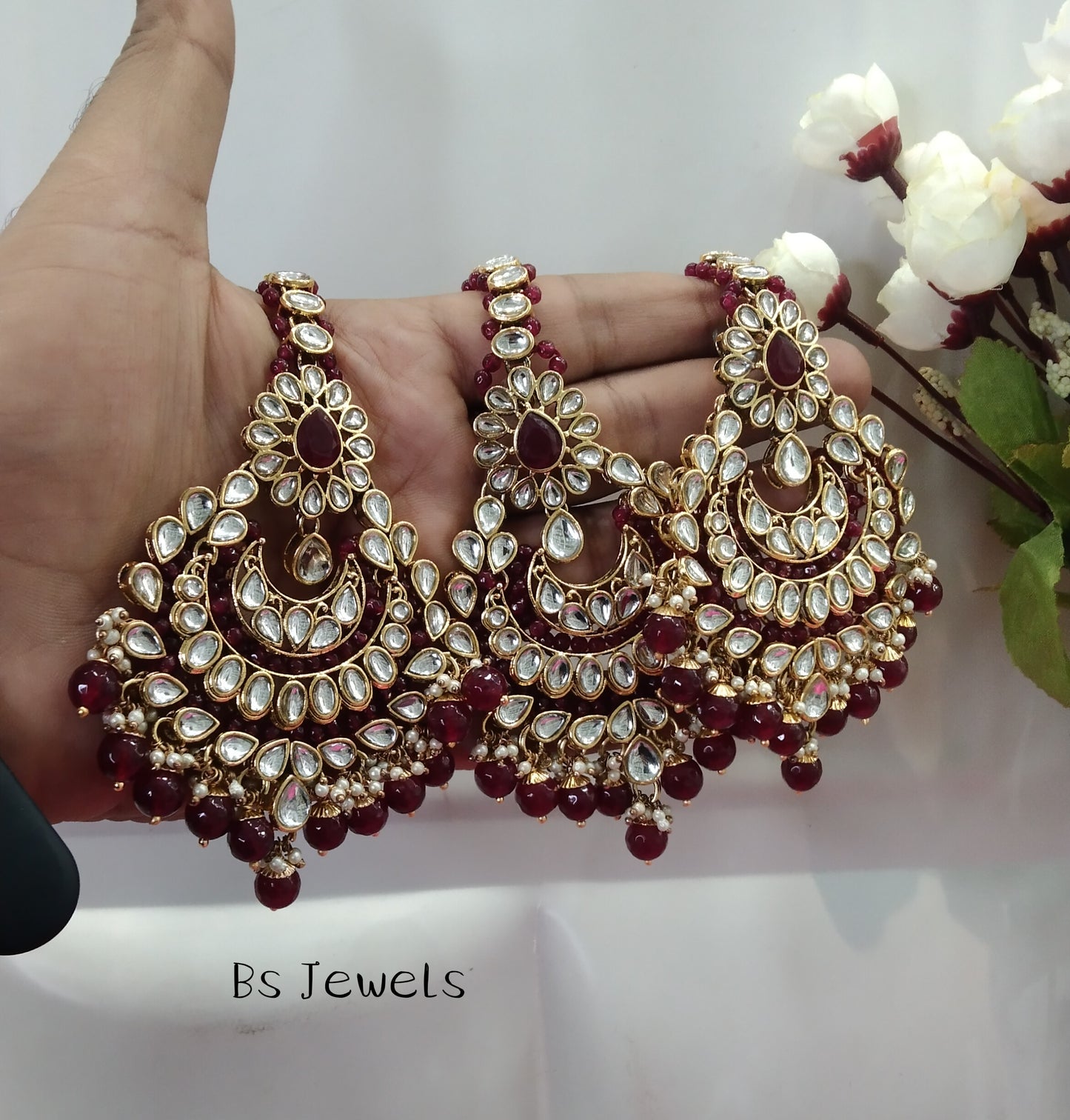 Maroon Kundan Chandbali Jedi Bollywood Earrings Tikka Set