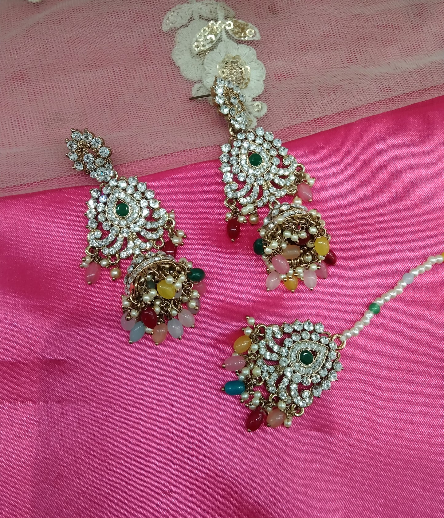 Multi Color Crystal Ston Jhumka Ways Bollywood Earrings Tikka Set