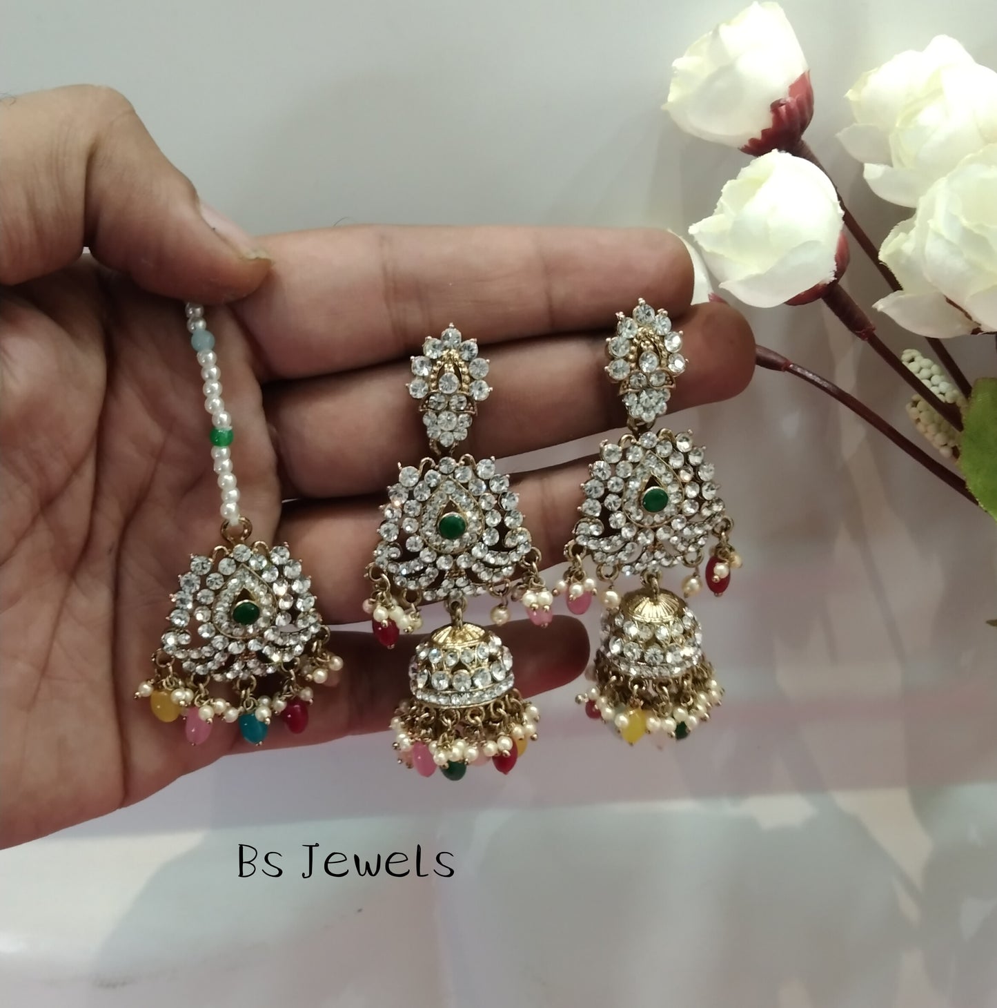 Multi Color Crystal Ston Jhumka Ways Bollywood Earrings Tikka Set