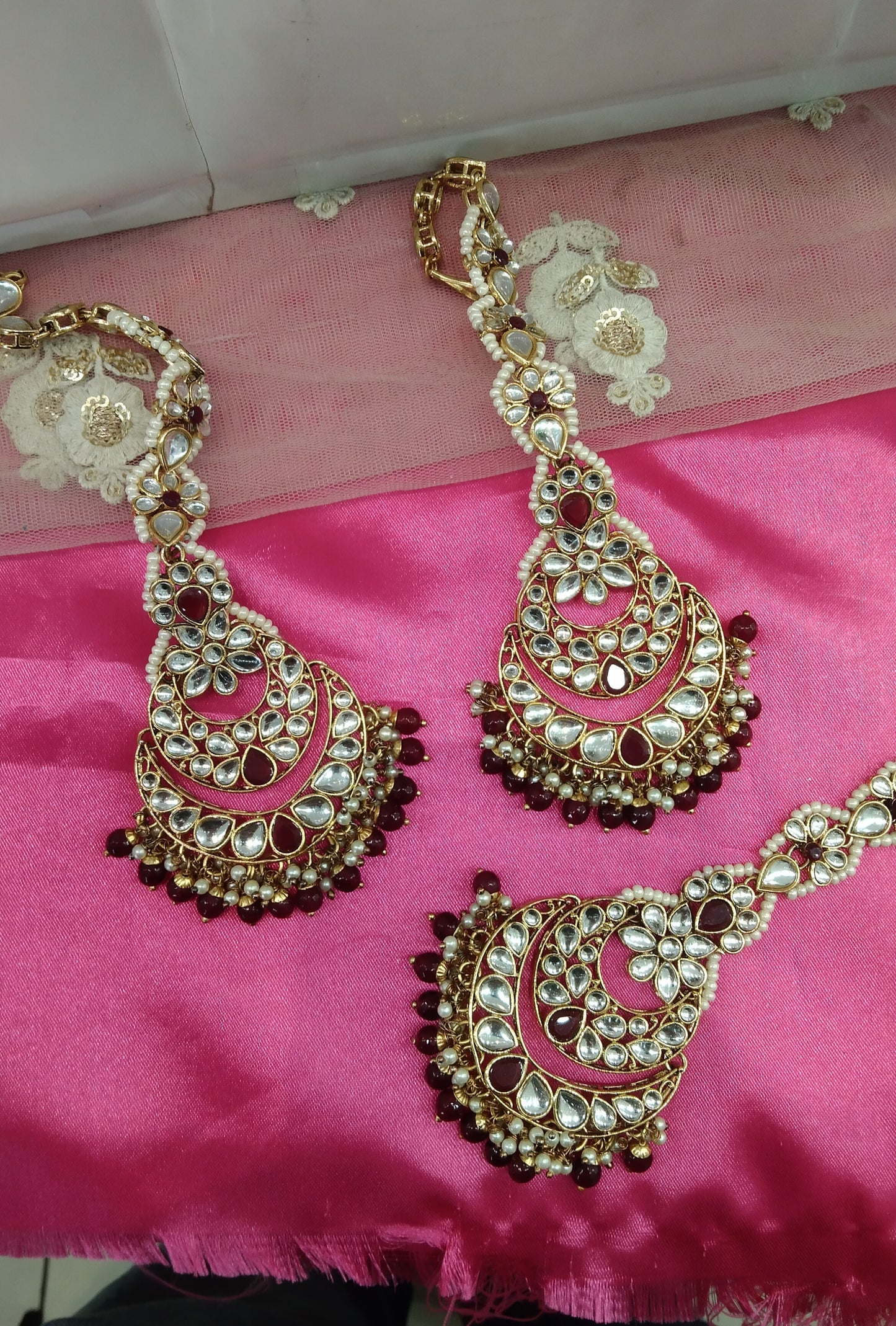 Maroon Kundan Chandbali Jedi Bollywood Earrings Tikka Set
