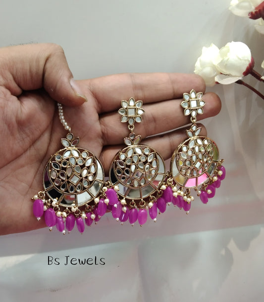 Purple Mirror Kundan Chandbali Right Bollywood Earrings Tikka Set