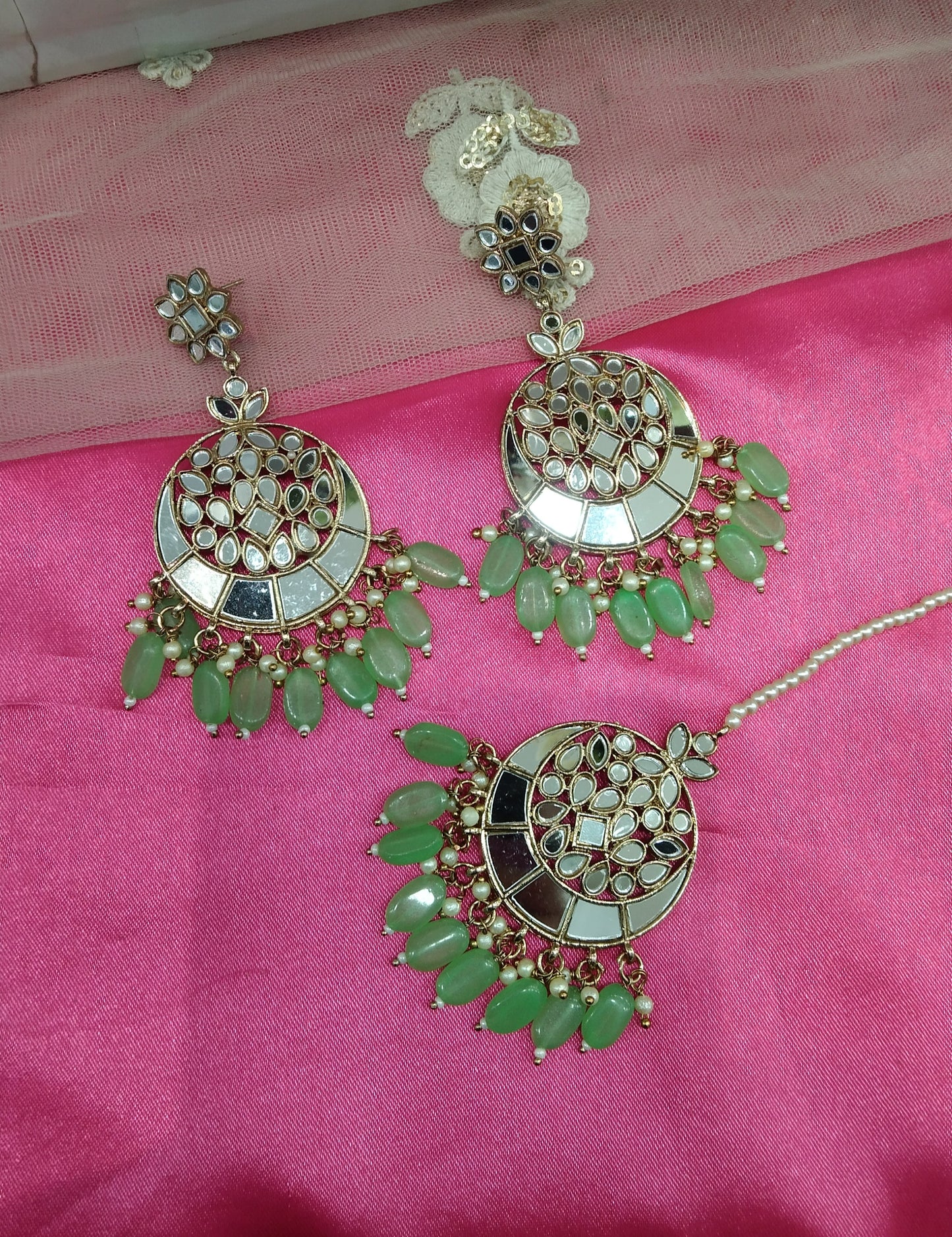 Pista Mirror Kundan Chandbali Right Bollywood Earrings Tikka Set