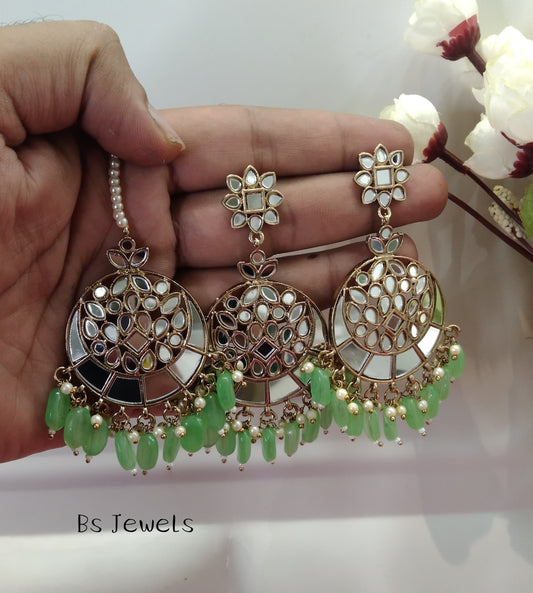 Pista Mirror Kundan Chandbali Right Bollywood Earrings Tikka Set