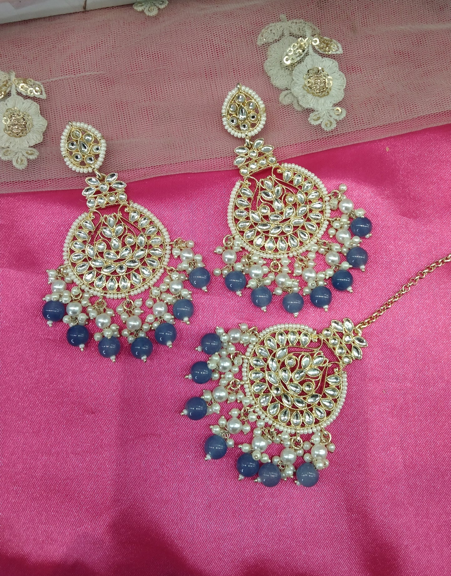 Blue Kundan Tape Bollywood Earrings Tikka Set