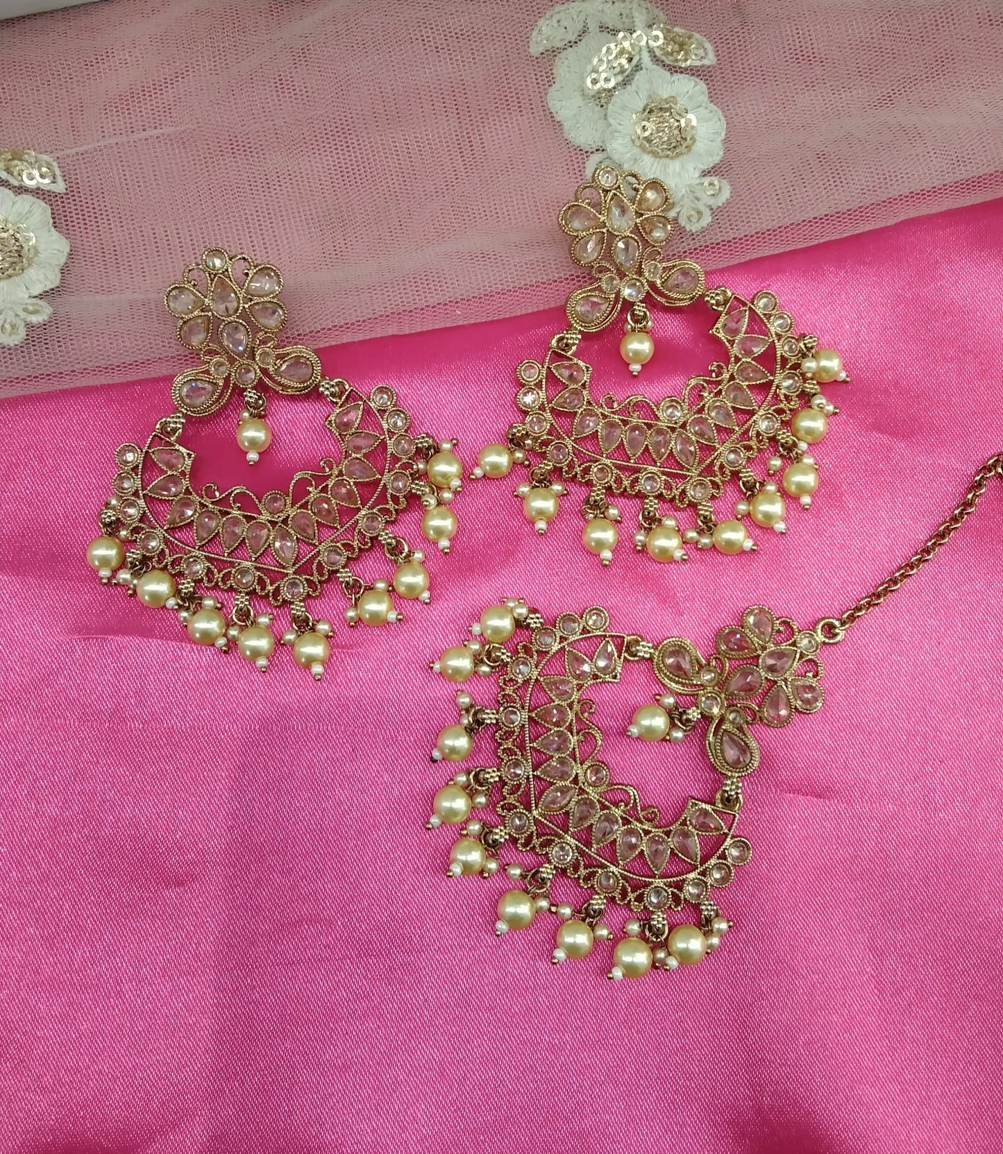 Champagne Gold Stone Meena Bollywood Earrings Tikka Set