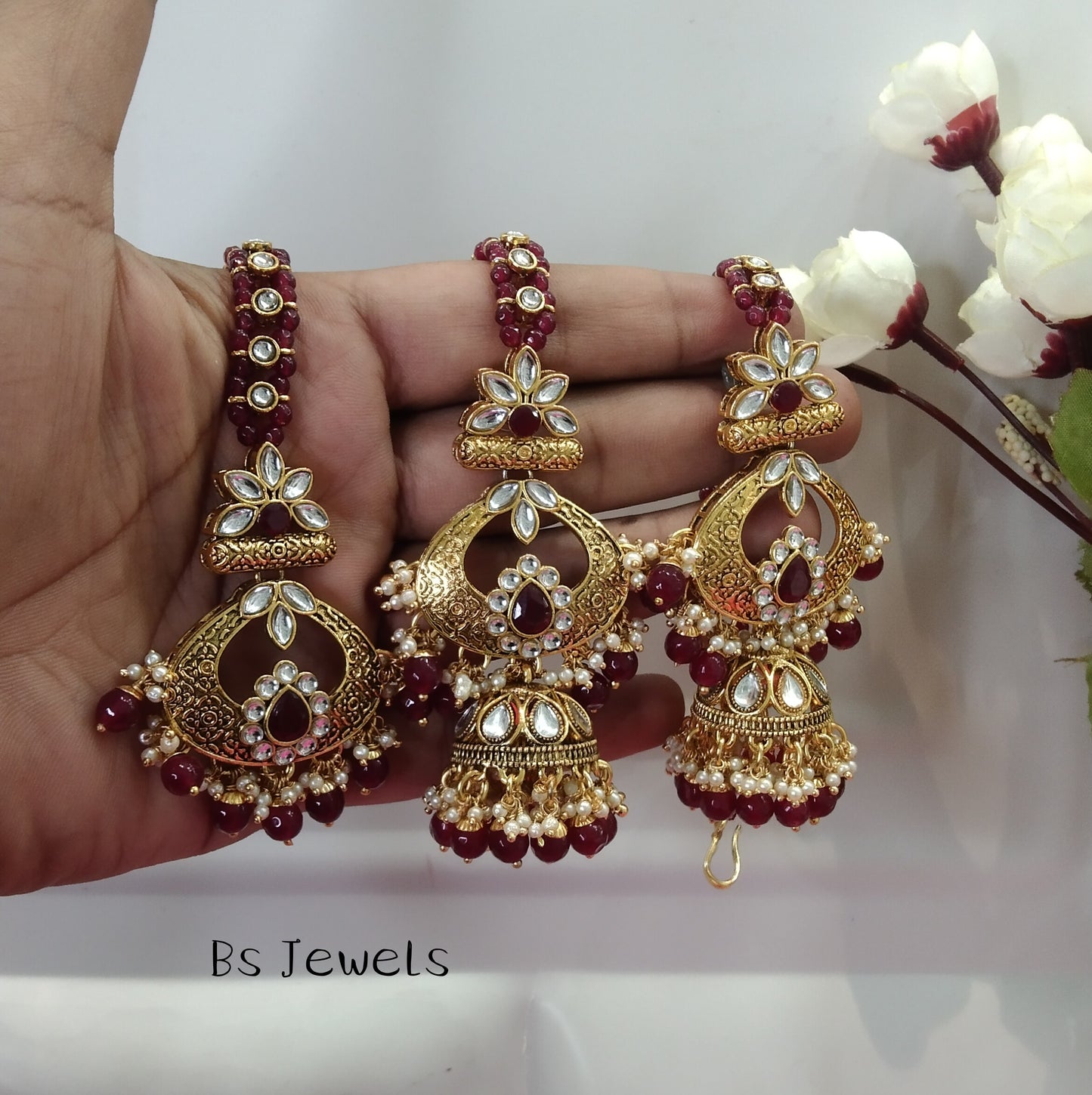 Maroon Kundan Jhumka Jedi Bollywood Earrings Tikka Set