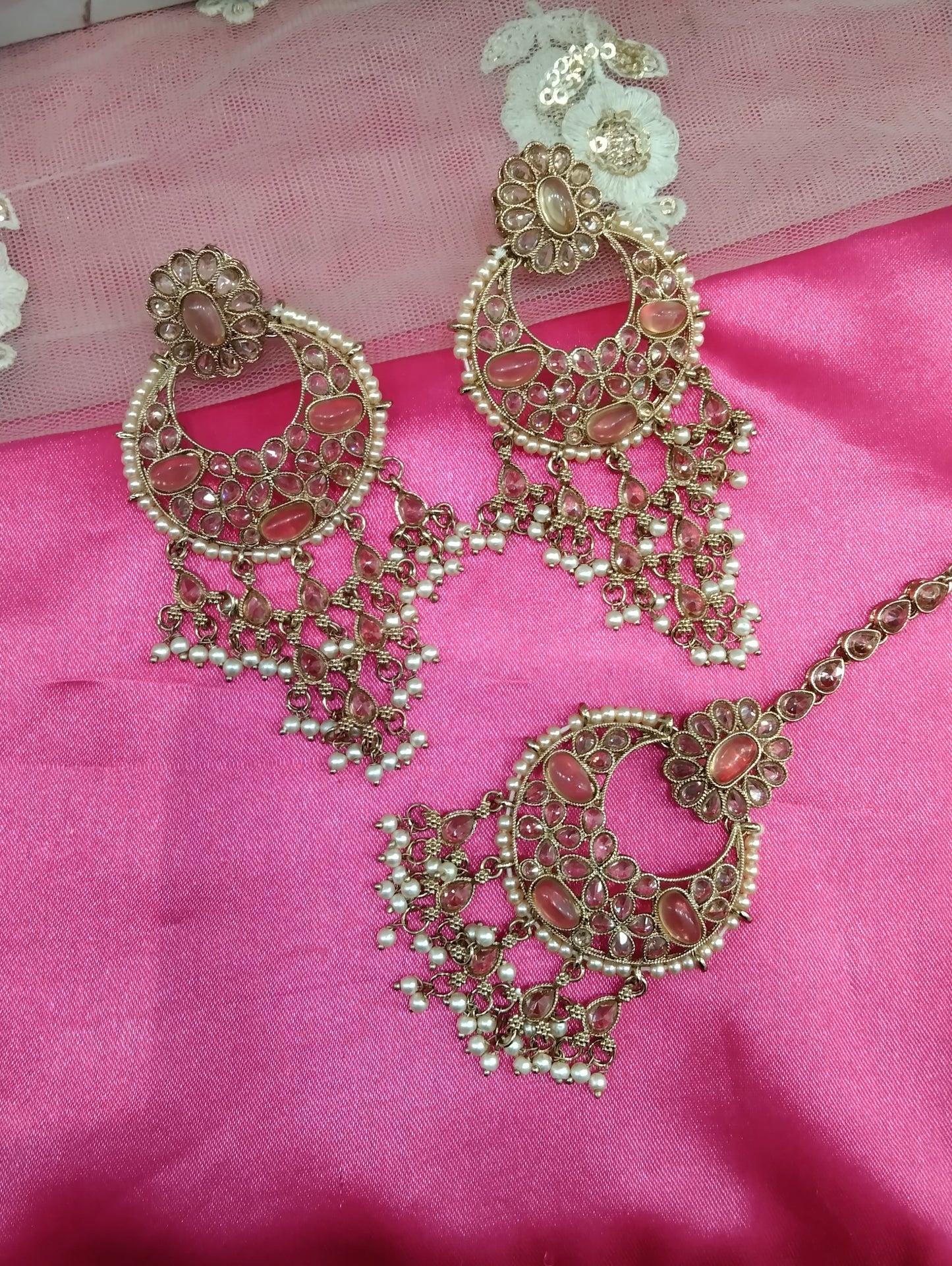 Champagne Gold Stone Meena Bollywood Earrings Tikka Set