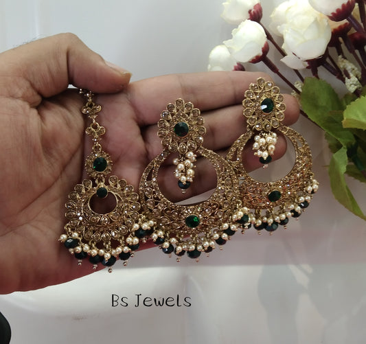 Green Kundan Chnadbali Rupinder Bollywood Earrings Tikka Set
