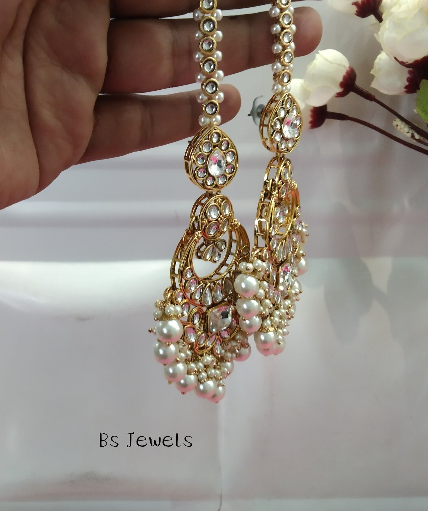 Gold White Kundan Chandbali Group Bollywood Earrings Tikka Set