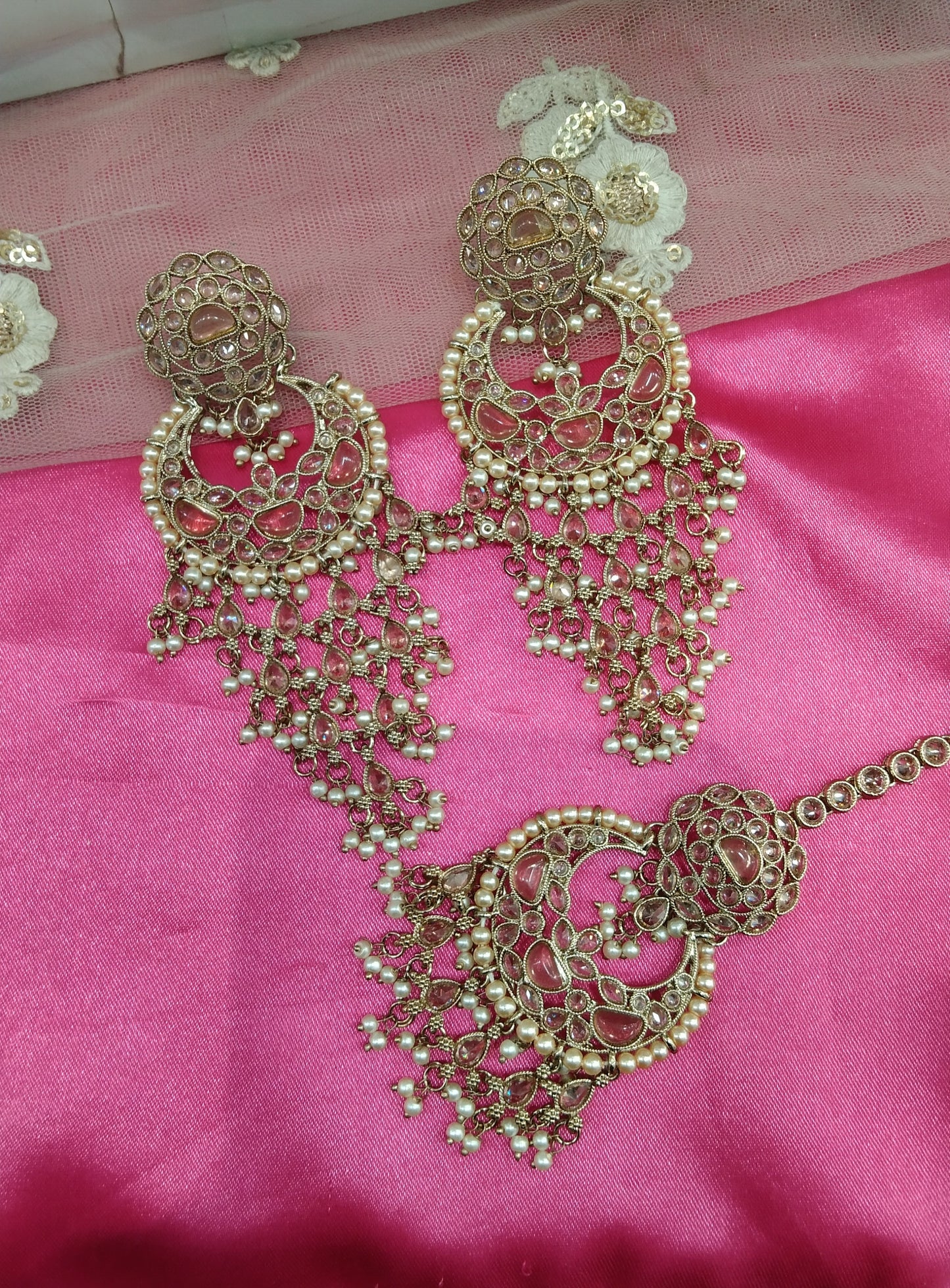 Champagne Gold Stone Chandbali Meena Bollywood Earrings Tikka Set