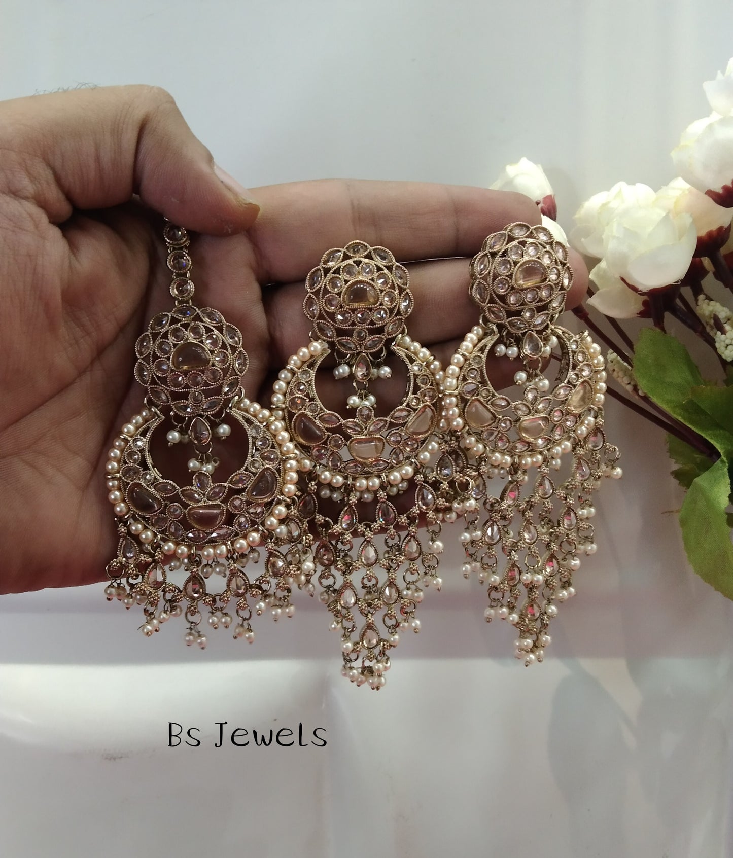 Champagne Gold Stone Chandbali Meena Bollywood Earrings Tikka Set
