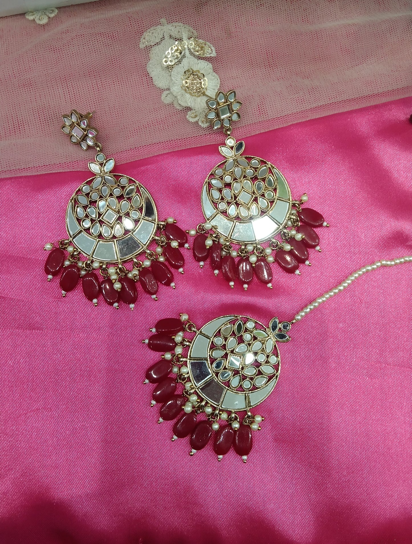 Ruby Mirror Kundan Chandbali Right Bollywood Earrings Tikka Set