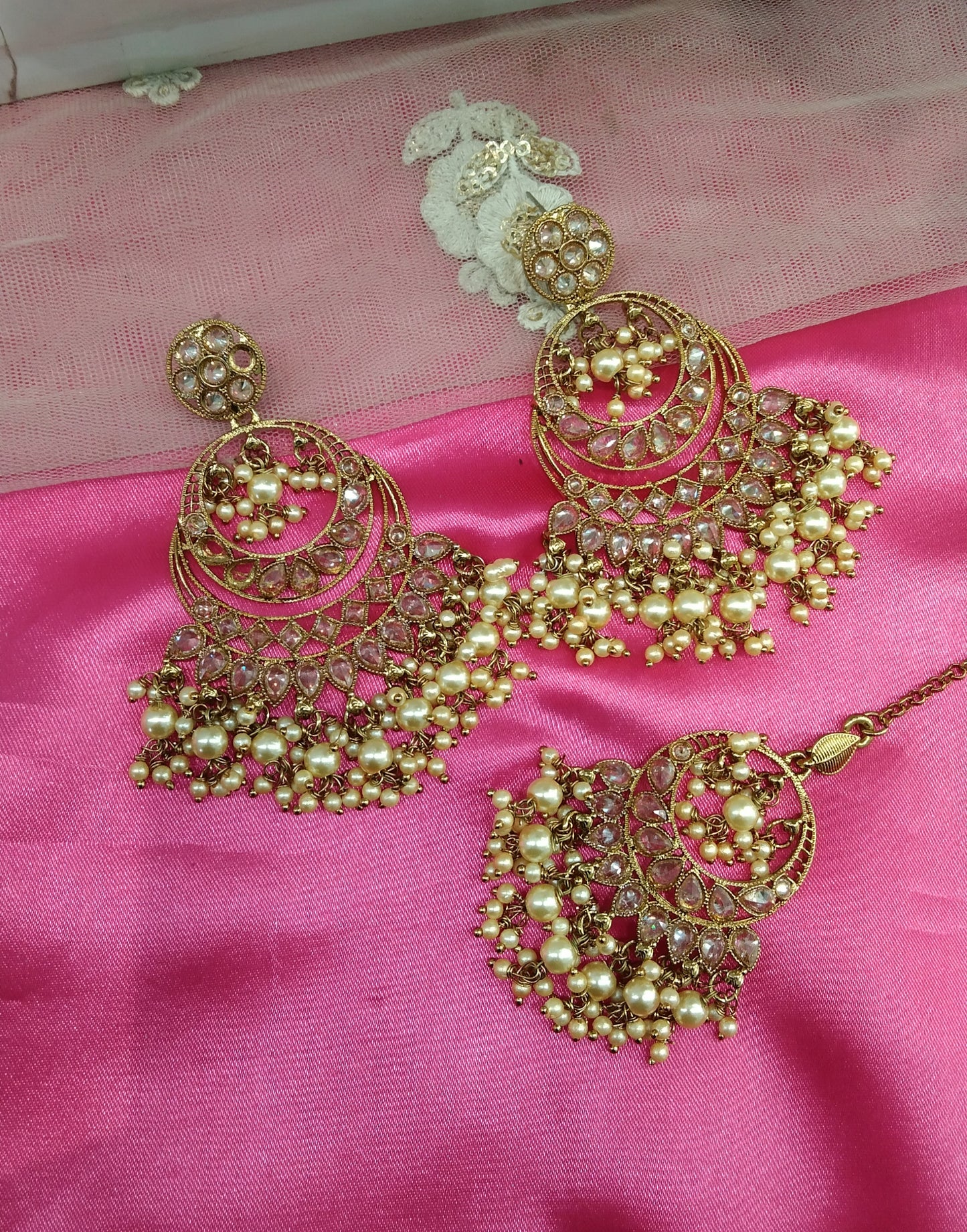 Champagne Gold Stone Chandbali Meena Bollywood Earrings Tikka Set
