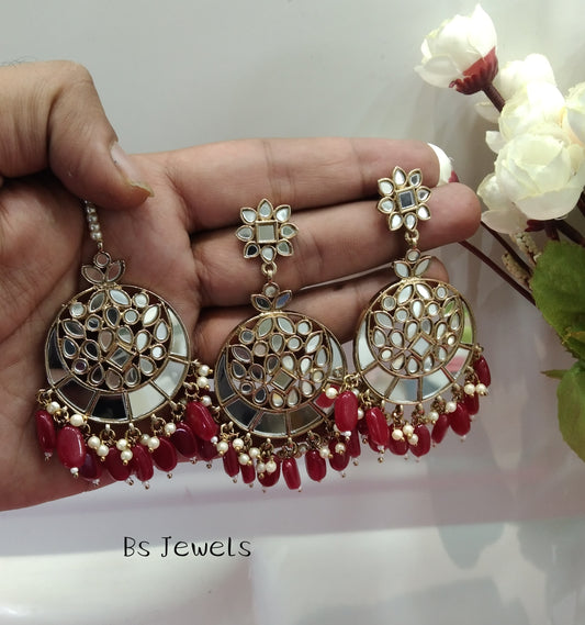 Ruby Mirror Kundan Chandbali Right Bollywood Earrings Tikka Set